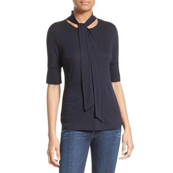 FRAME Tie Neck Top Black Half Sleeve Knit Blouse Round Neck Jersey Stret… - Picture 2 of 6